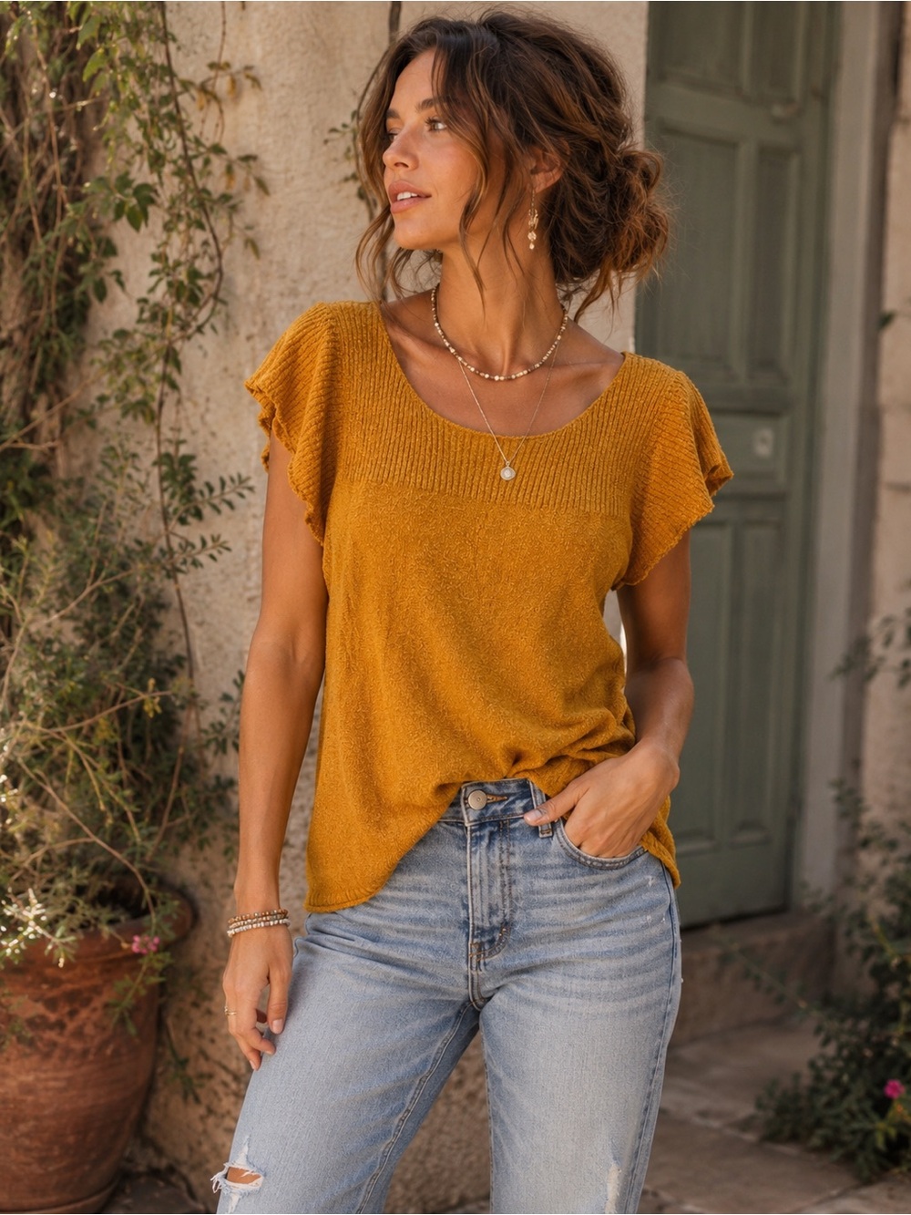 Madewell Mustard Textured Knit Flutter Sleeve Sweater Top Medium